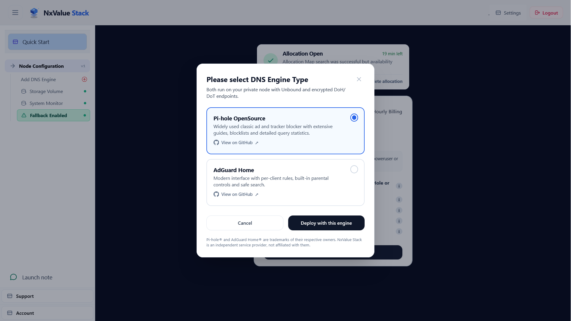 Pi-hole Adguard selection on dashboard